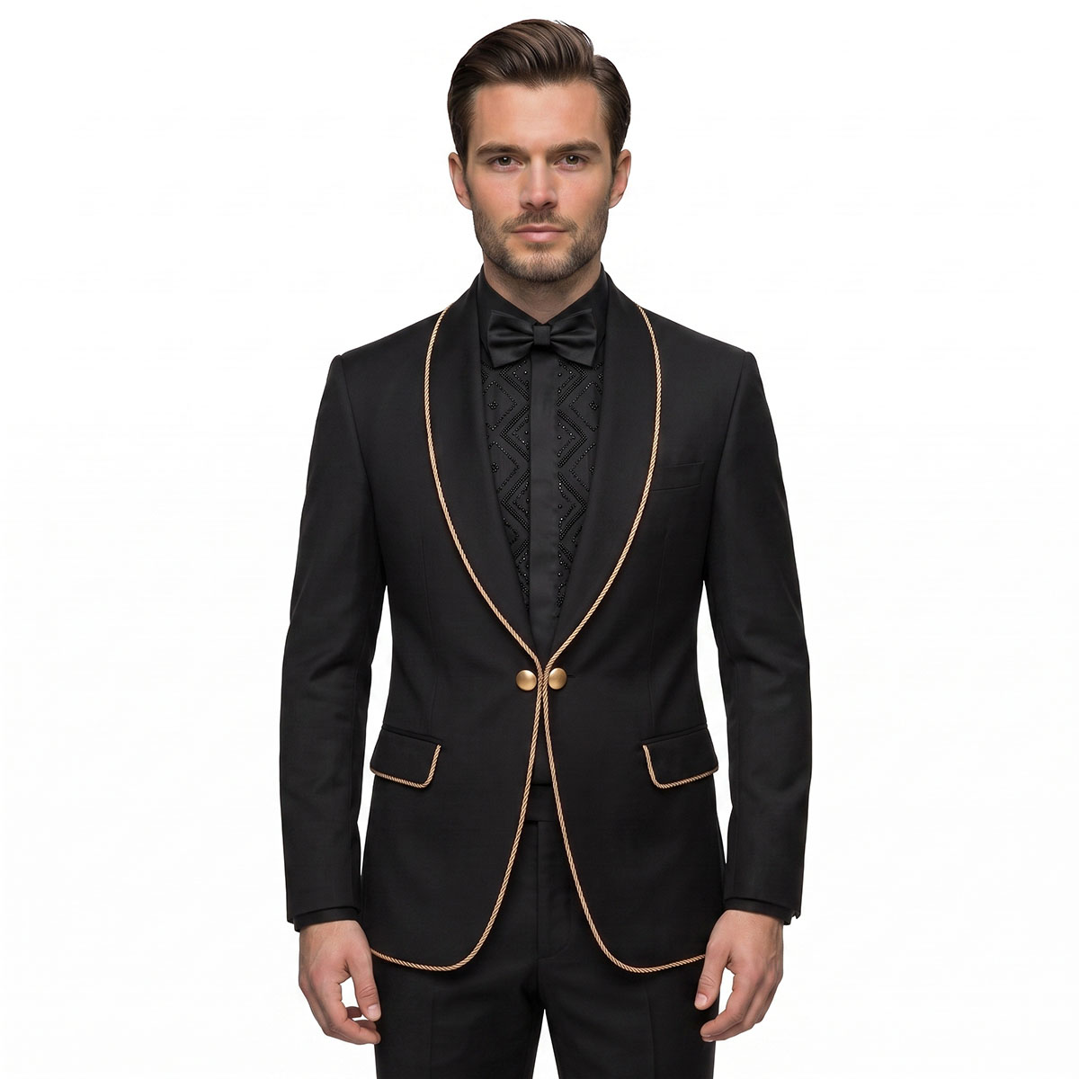 Black tuxedo jacket with gold rope trim and shawl collar worn by man in bow tie