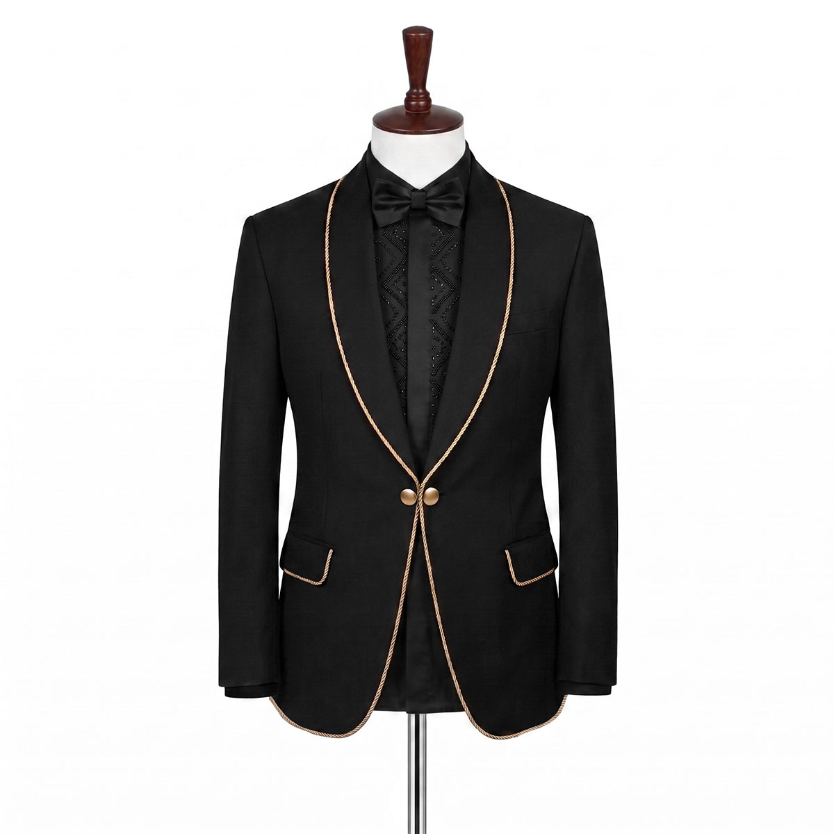 Gold rope trim and toggle button closure detail on black tuxedo jacket