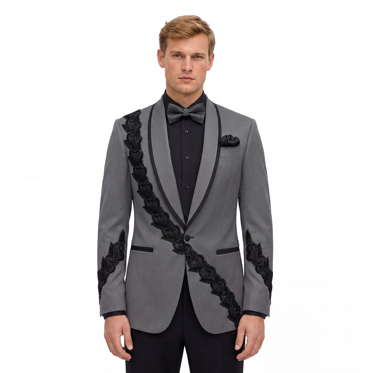 Grey tuxedo with black beaded lace applique and shawl lapel, front view